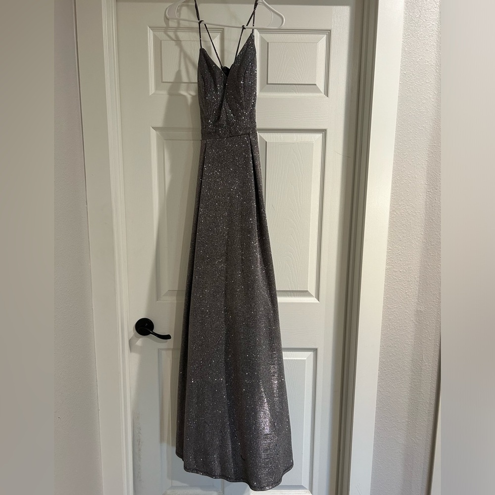 Sparkly silver/pink chrome prom dress, backless & spaghetti strap!